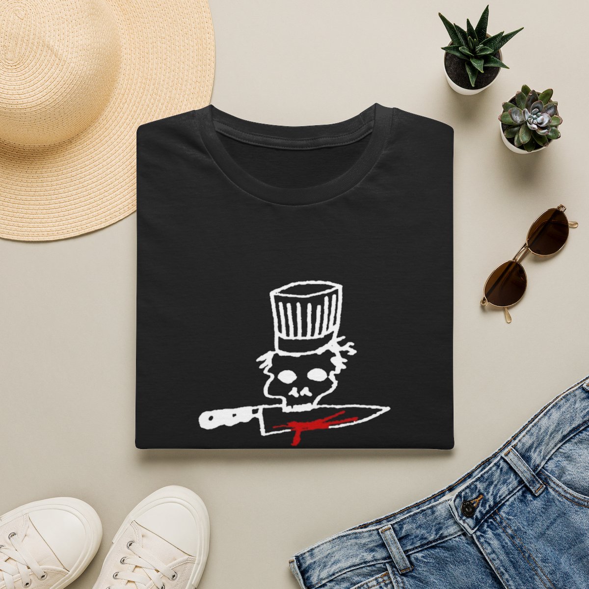 Skull Chef with Bloody Knife T-Shirt | Cook Free or Die Tee | Anthony Bourdain Merch