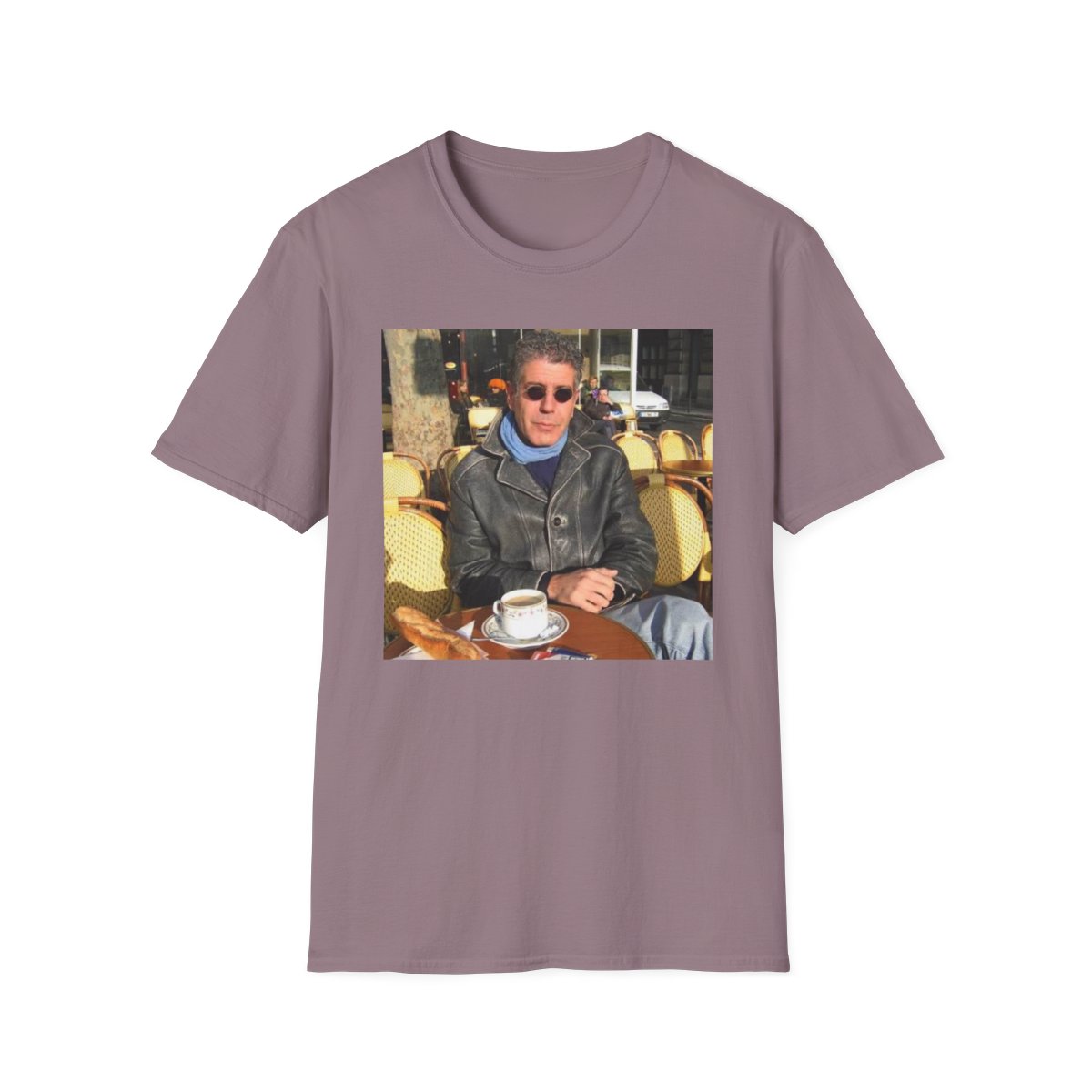 Man in Leather Jacket Cafe Photo T-Shirt | Retro Coffee Shop Portrait | Anthony Bourdain Merch - alternate angle 4, merchandise