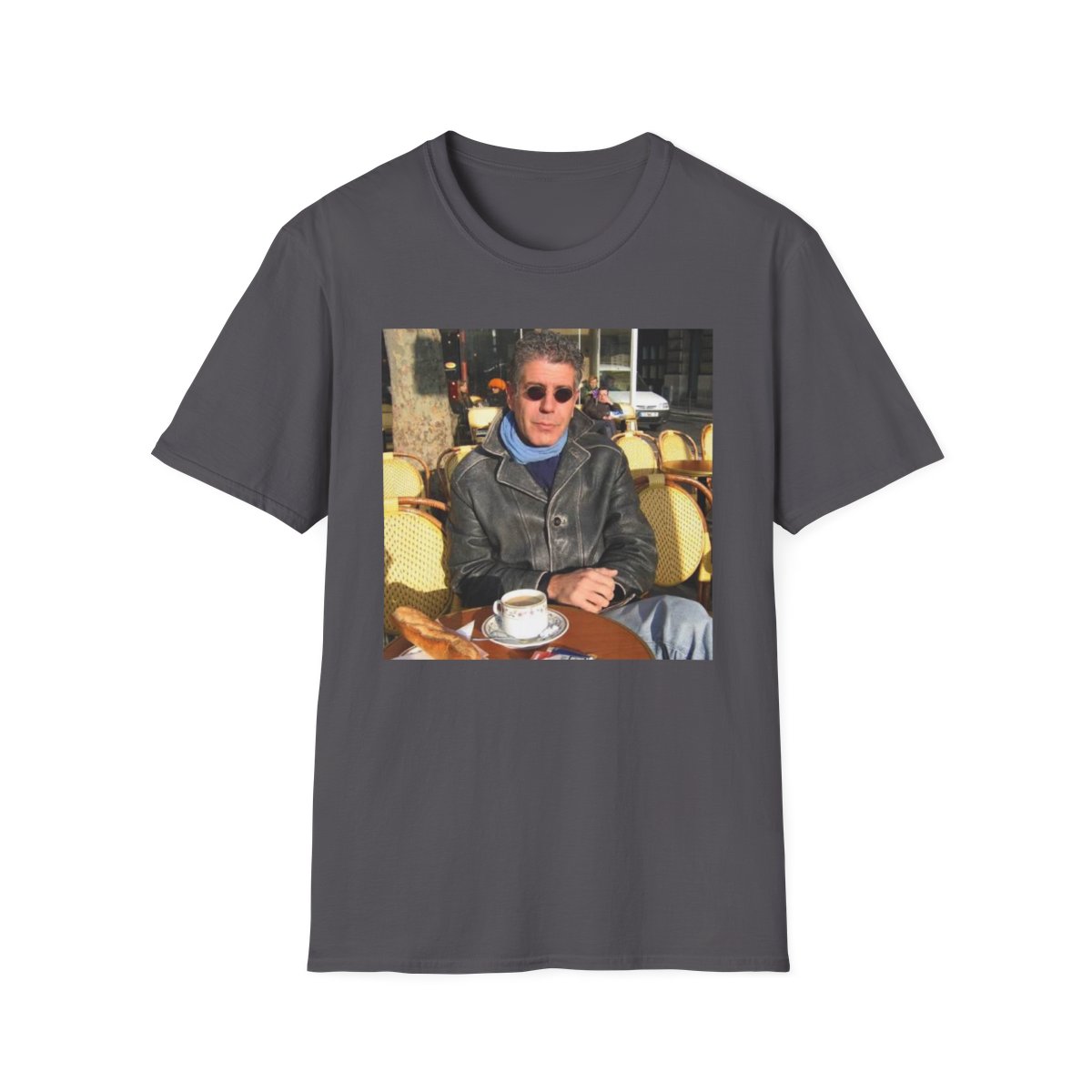 Man in Leather Jacket Cafe Photo T-Shirt | Retro Coffee Shop Portrait | Anthony Bourdain Merch - alternate angle 3, merchandise