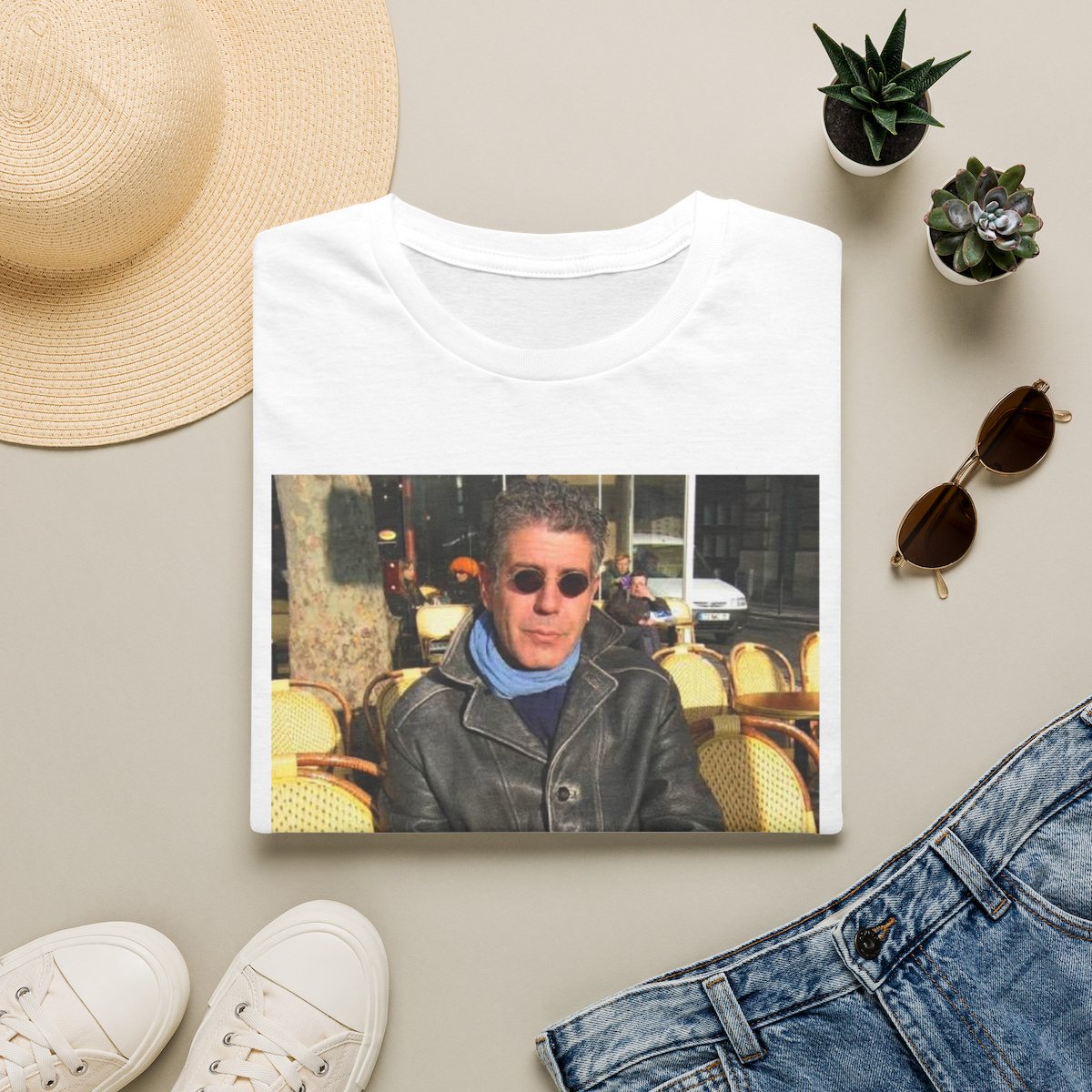 Man in Leather Jacket Cafe Photo T-Shirt | Retro Coffee Shop Portrait | Anthony Bourdain Merch