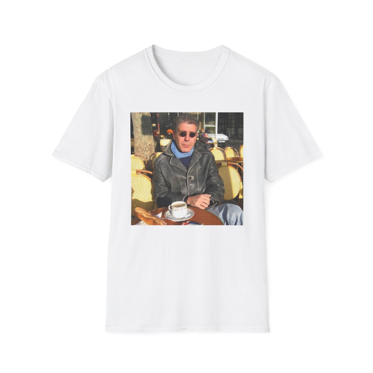 Man in Leather Jacket Cafe Photo T-Shirt | Retro Coffee Shop Portrait | Anthony Bourdain Merch