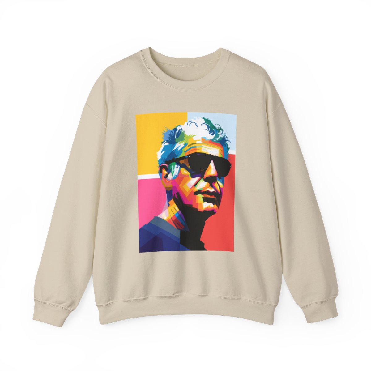 Colorful Portrait Pop Art Crewneck Sweatshirt | Retro Sunglasses | Anthony Bourdain Merch - alternate angle 2, merchandise