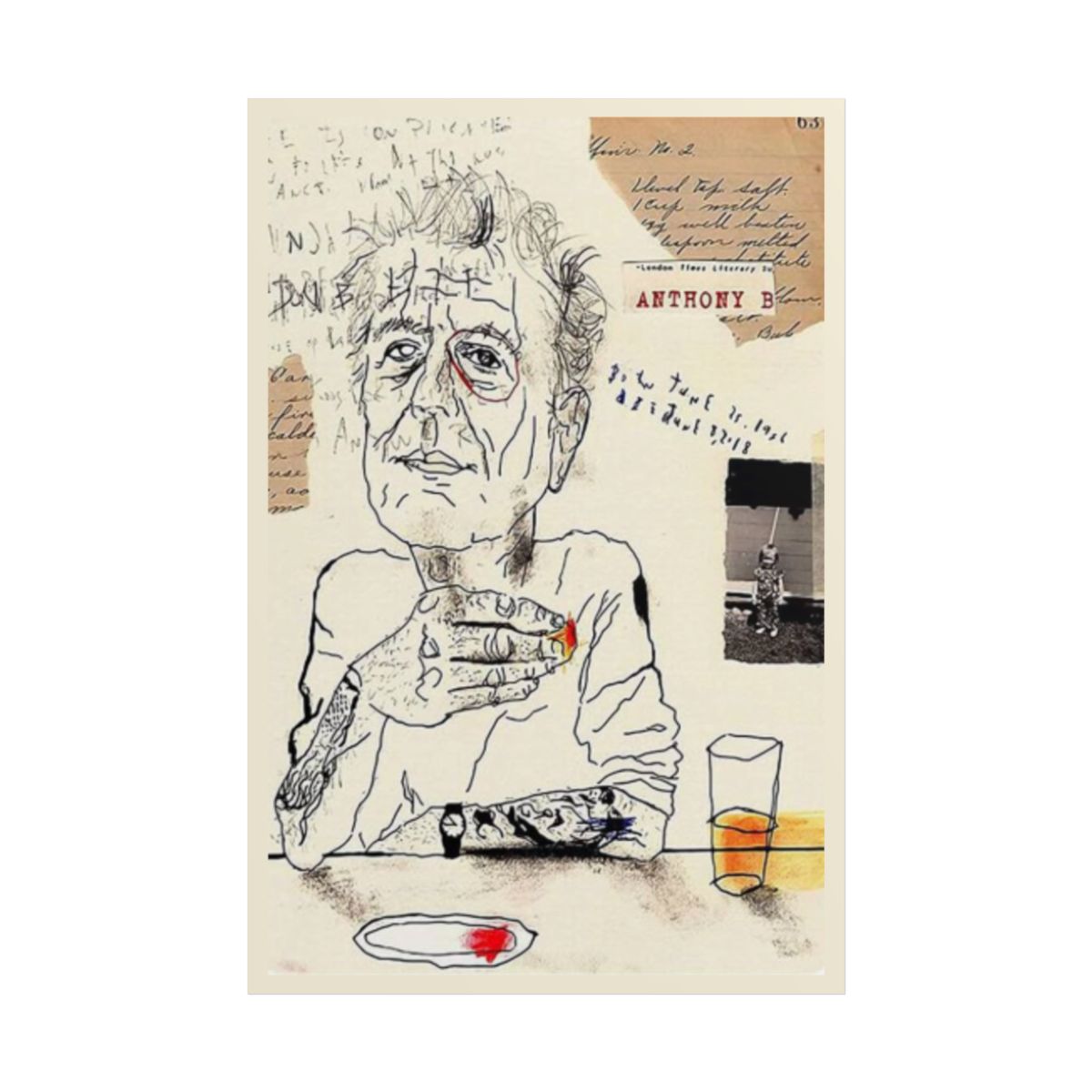Melancholic Sketch Portrait Rolled Poster | Mixed Media Collage Art | Anthony Bourdain Merch