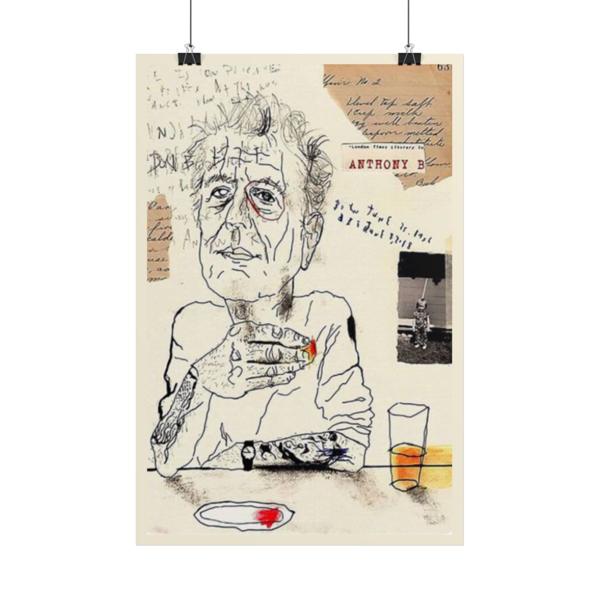 Melancholic Sketch Portrait Rolled Poster | Mixed Media Collage Art | Anthony Bourdain Merch
