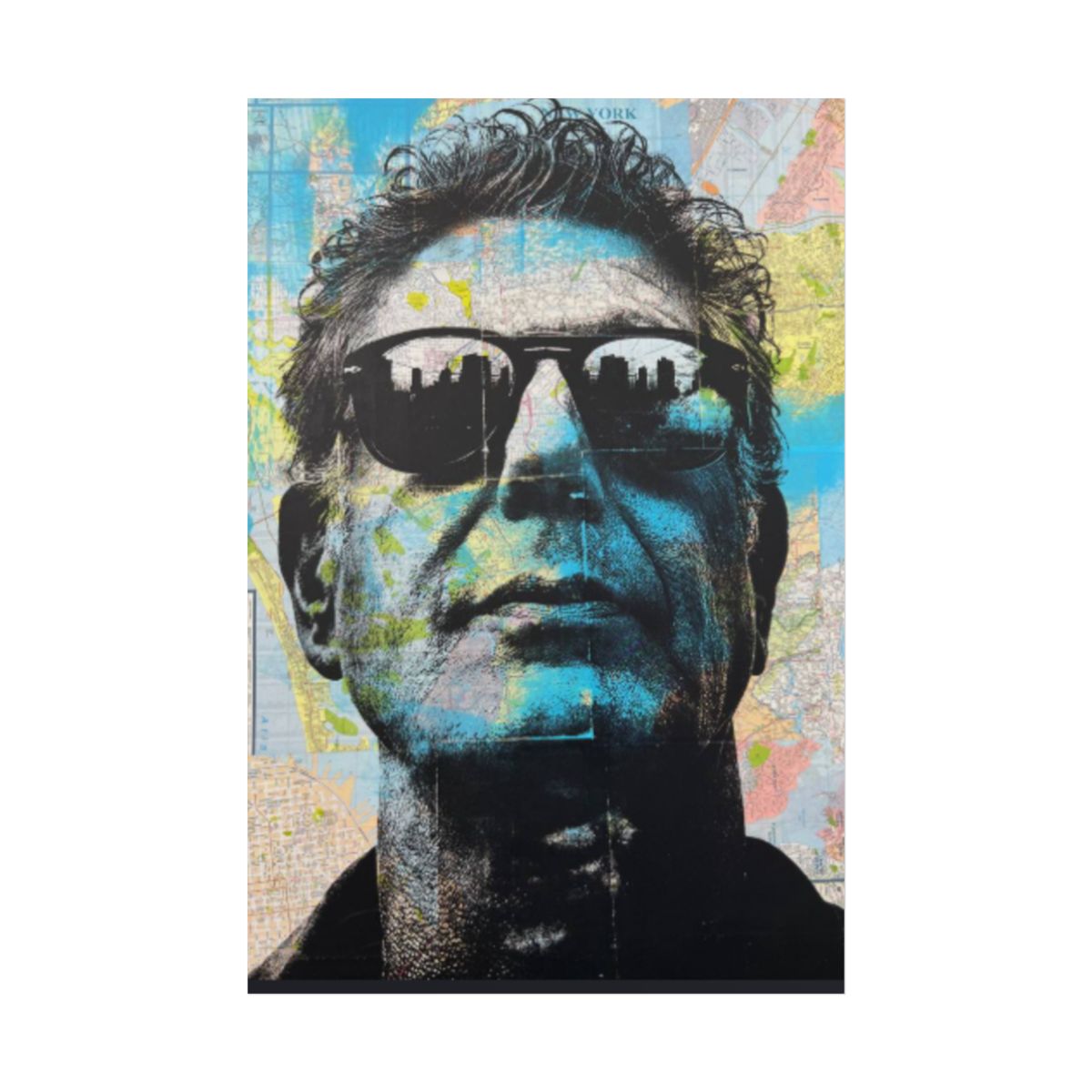 Blue Portrait Sunglasses Rolled Poster | Urban Pop Art Wall Decor | Anthony Bourdain Merch